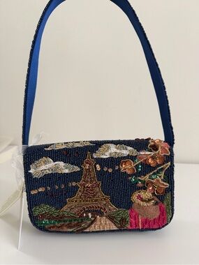 Embroidered Beaded Navy Shoulder Bag